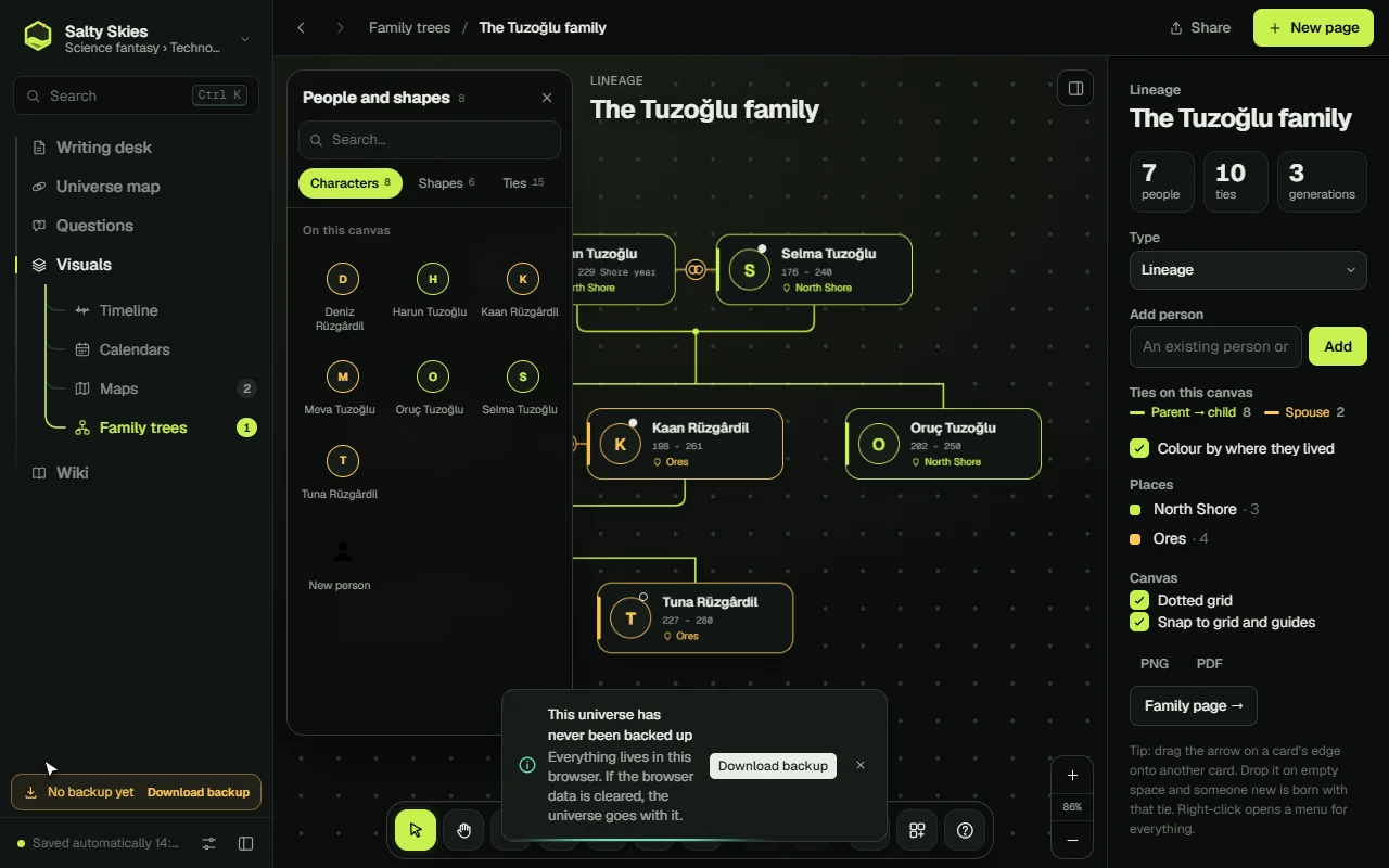 Errator freeform family tree canvas with relationship lines