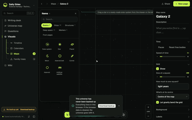 Errator real-time galaxy map with orbiting planets and ships